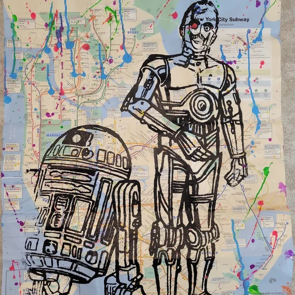 💲 SOLD 💲 Original Handpainted Star Wars Droids R2D2 & C3PO on a NYC Subway Map - Picture 4 of 7